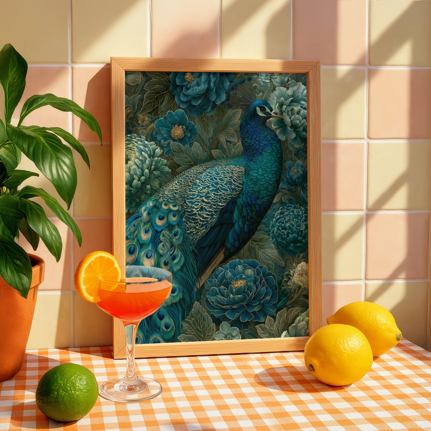 Peacock Wall Art Print, Teal Gold Floral Poster, Botanical Bird Illustration