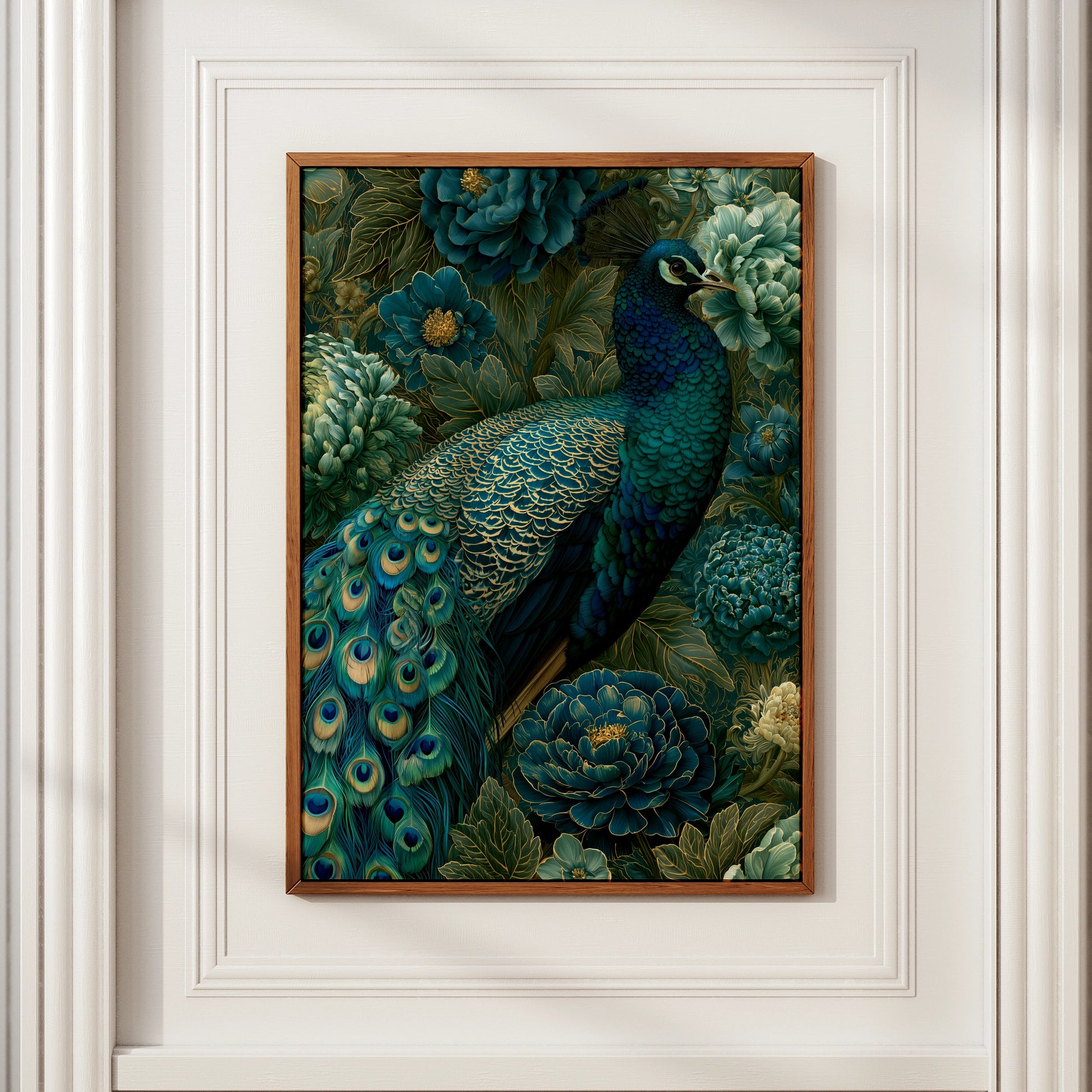 Peacock Wall Art Print, Teal Gold Floral Poster, Botanical Bird Illustration