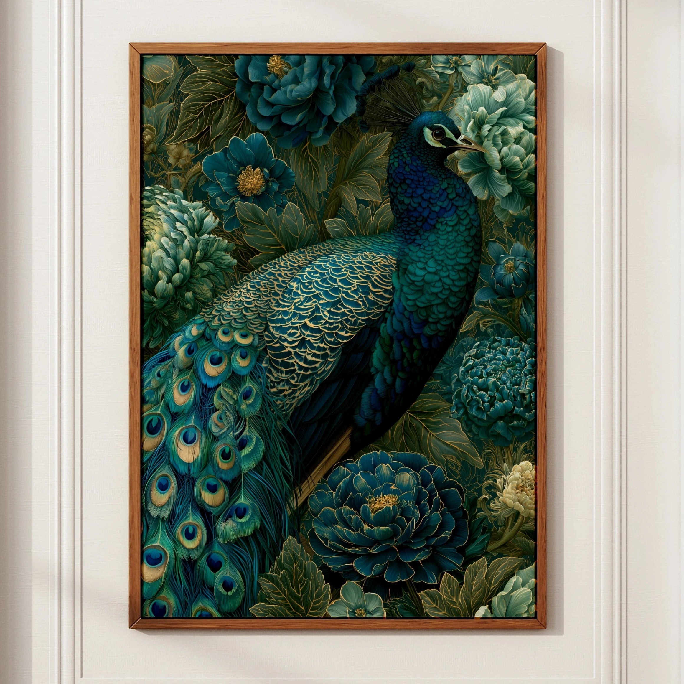 Peacock Wall Art Print, Teal Gold Floral Poster, Botanical Bird Illustration