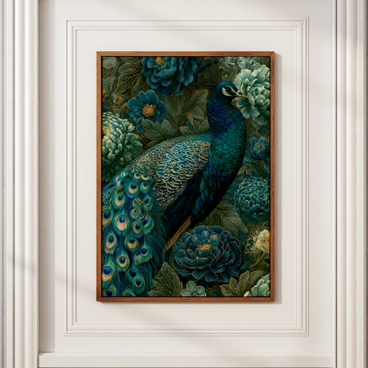 Peacock Wall Art Print, Teal Gold Floral Poster, Botanical Bird Illustration