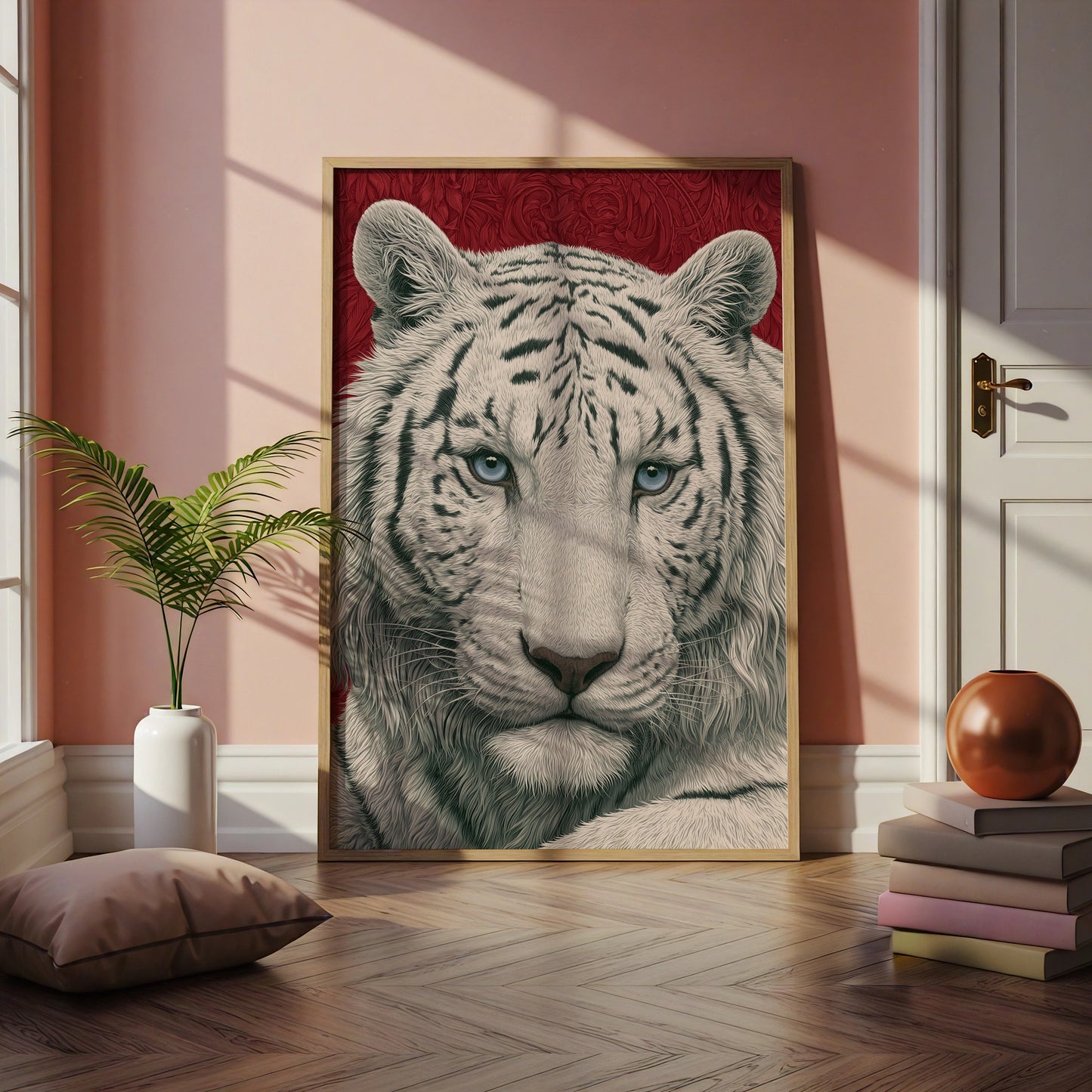 White Tiger Portrait Print, Bold Red Wall Art, Detailed Wildlife Poster