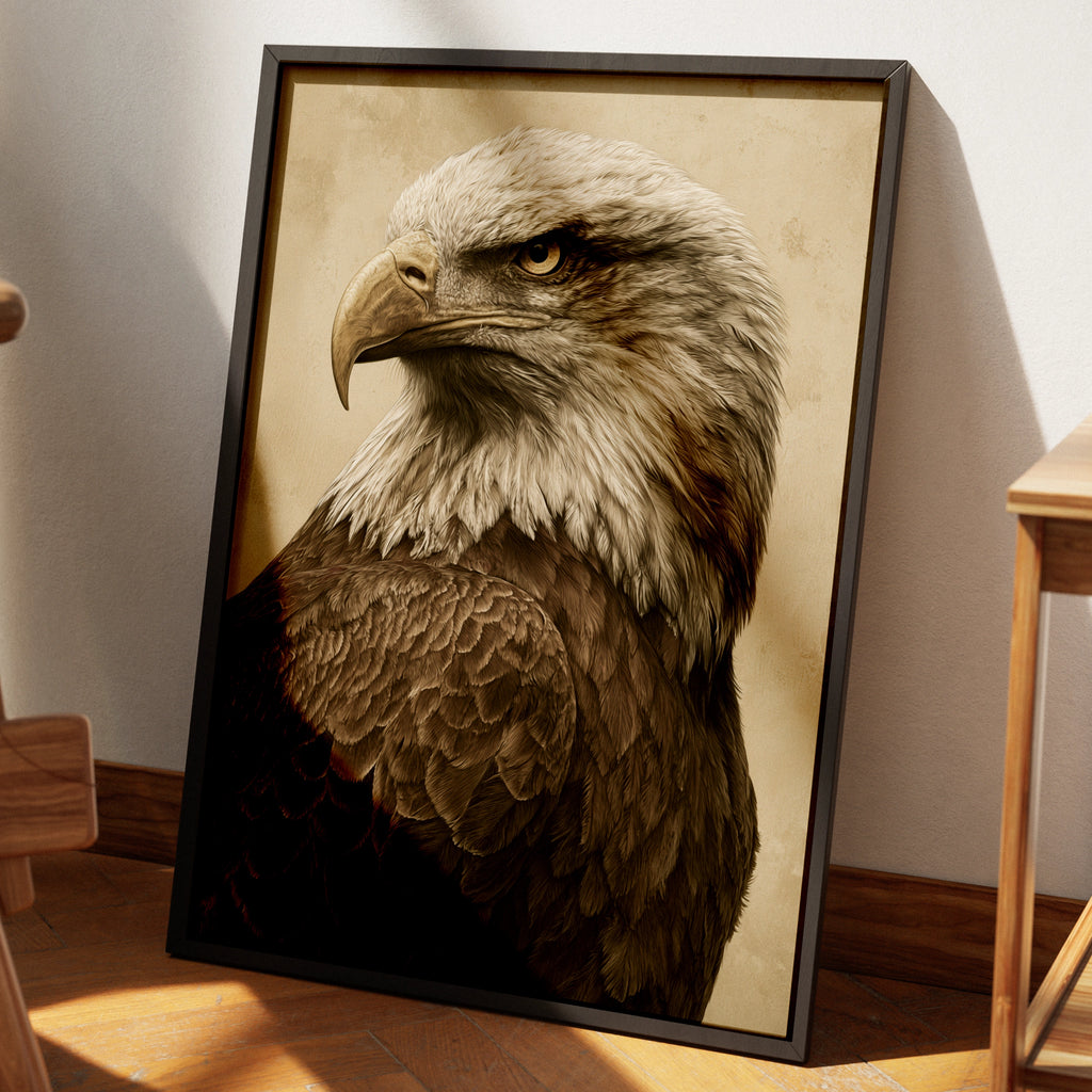 Bald Eagle Portrait Print, Vintage Sepia Wall Art, Raptor Illustration Poster