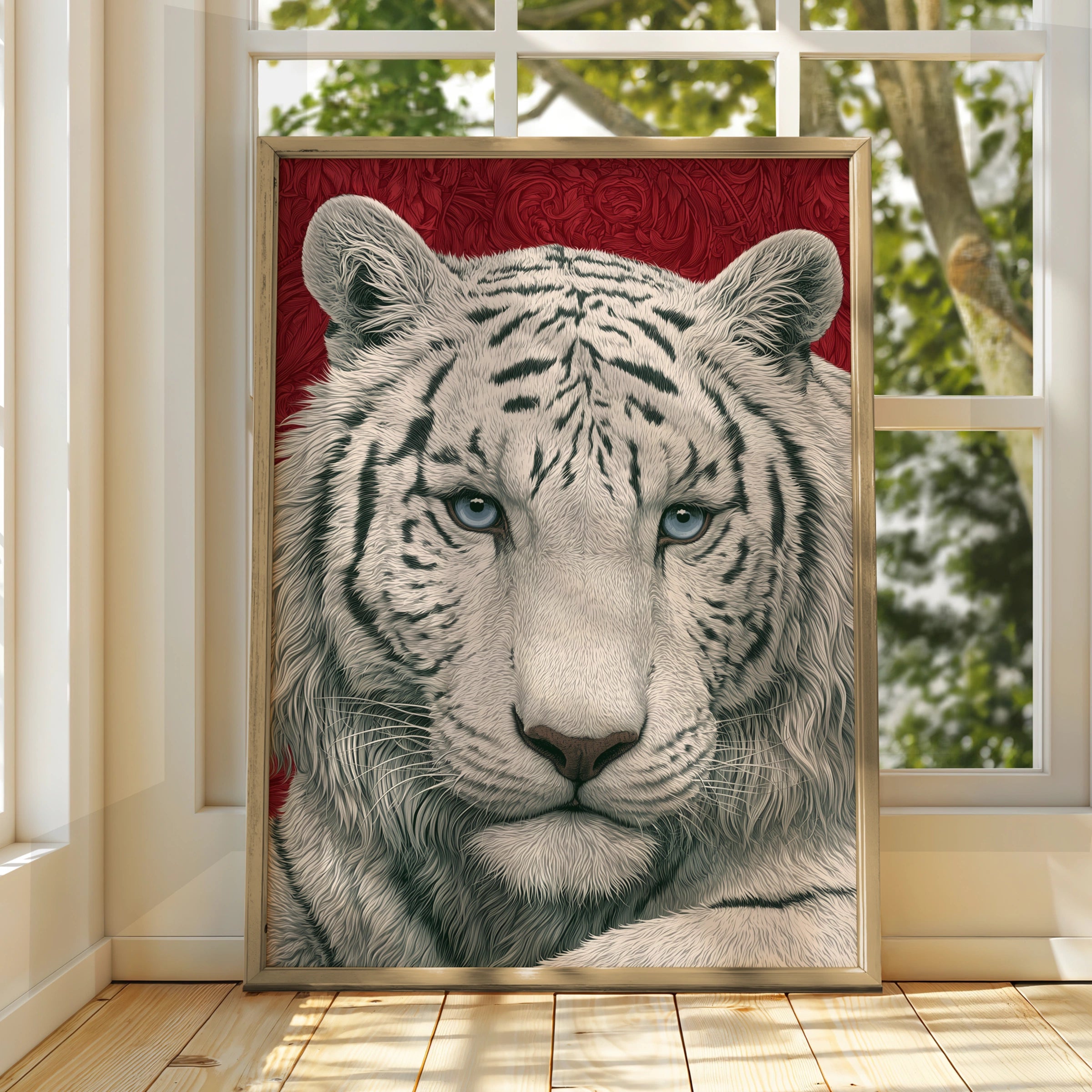 White Tiger Portrait Print, Bold Red Wall Art, Detailed Wildlife Poster