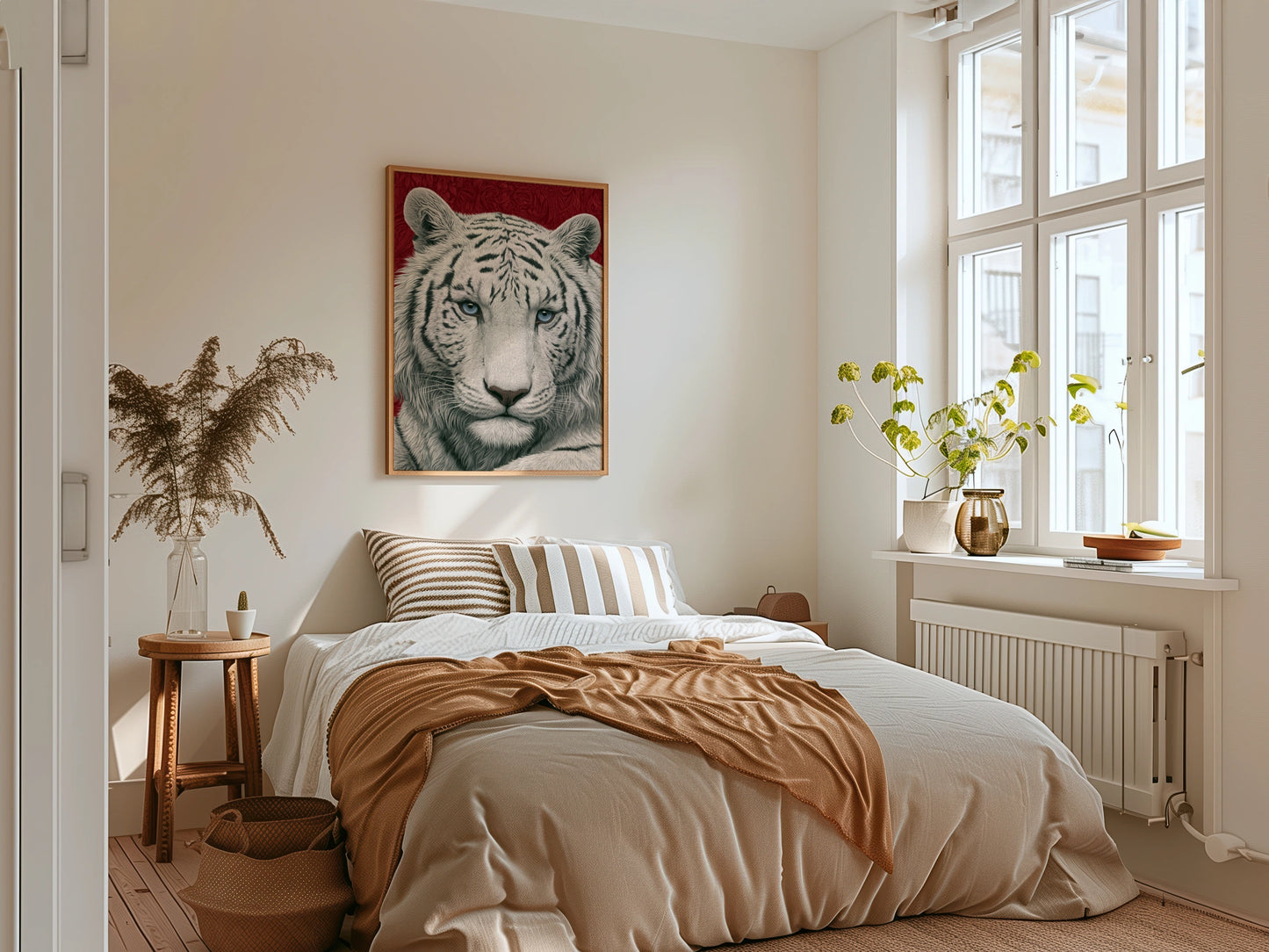 White Tiger Portrait Print, Bold Red Wall Art, Detailed Wildlife Poster