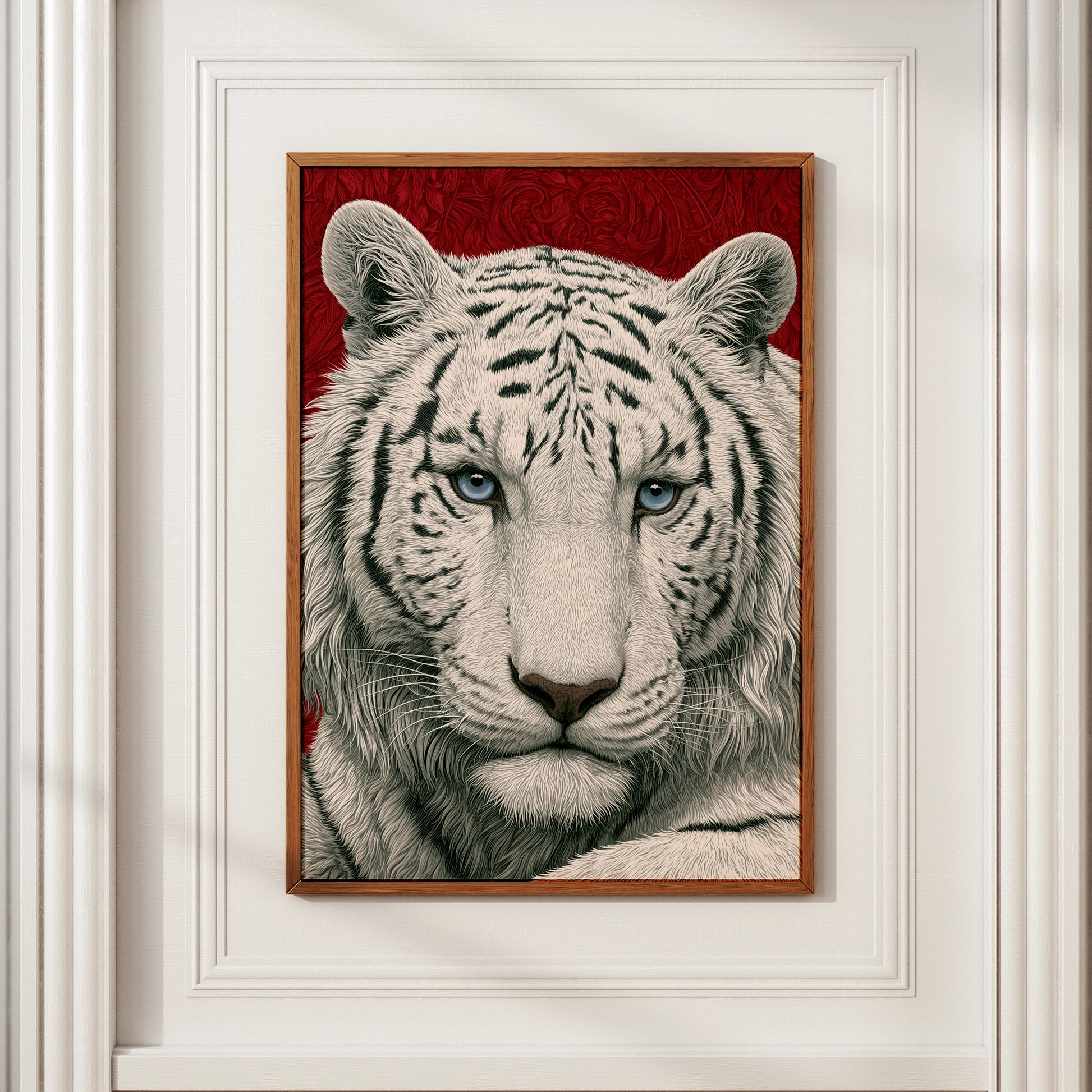 White Tiger Portrait Print, Bold Red Wall Art, Detailed Wildlife Poster