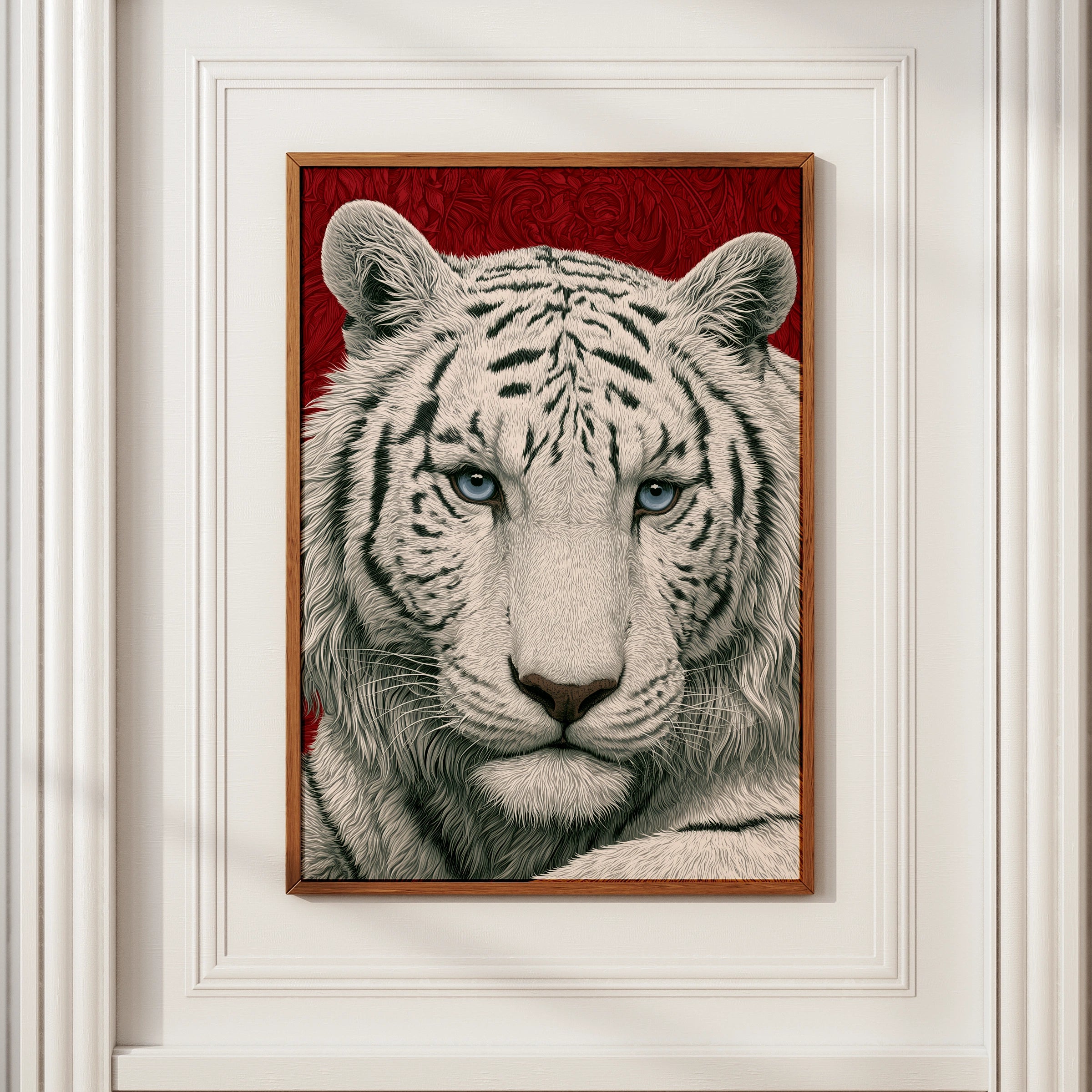 White Tiger Portrait Print, Bold Red Wall Art, Detailed Wildlife Poster