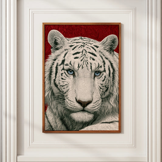 White Tiger Portrait Print, Bold Red Wall Art, Detailed Wildlife Poster