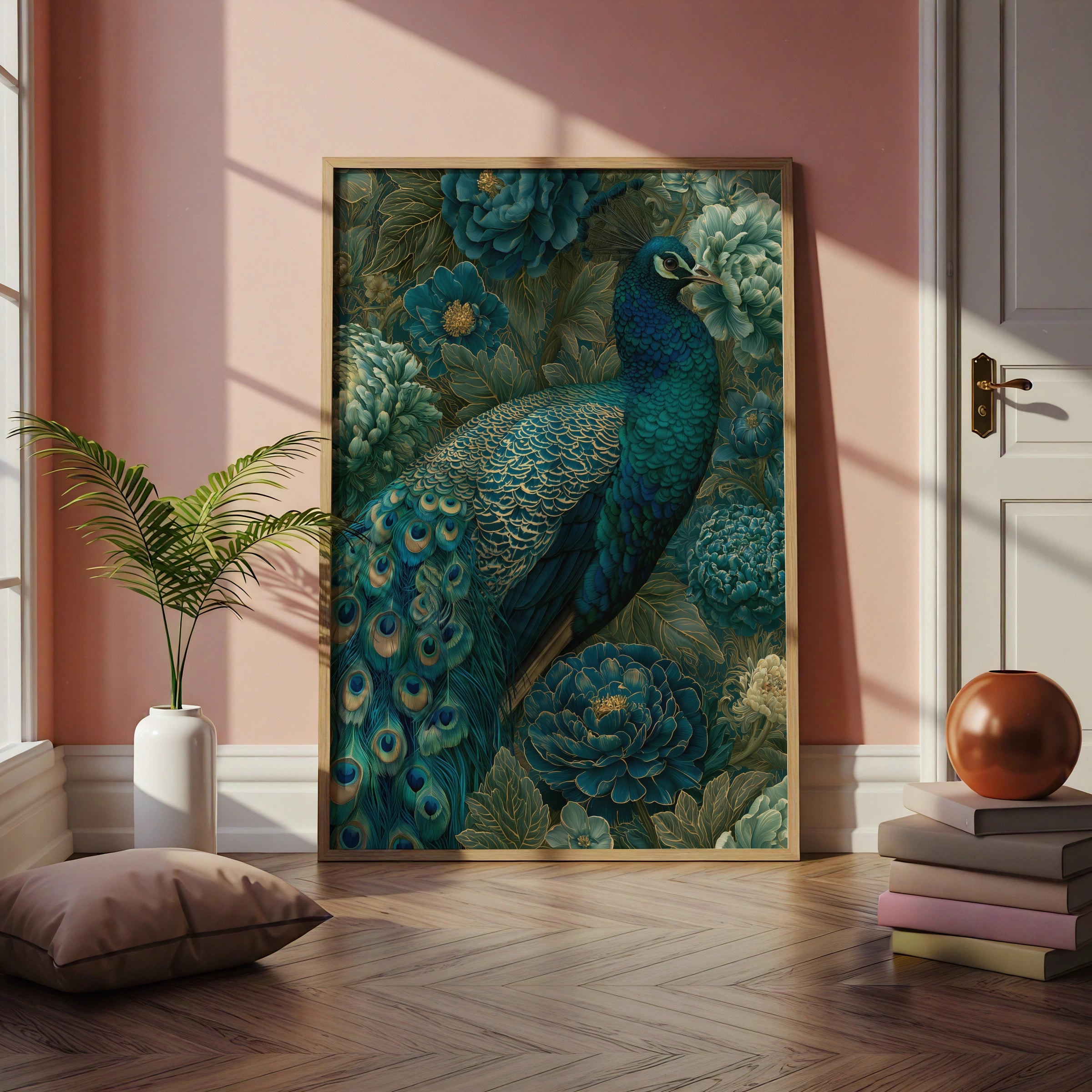 Peacock Wall Art Print, Teal Gold Floral Poster, Botanical Bird Illustration
