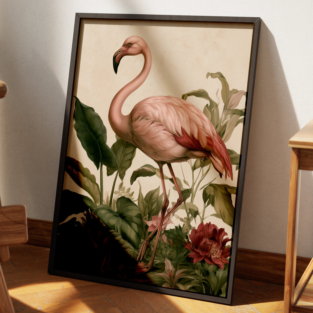 Flamingo Botanical Print, Tropical Bird Wall Art, Vintage Style Poster