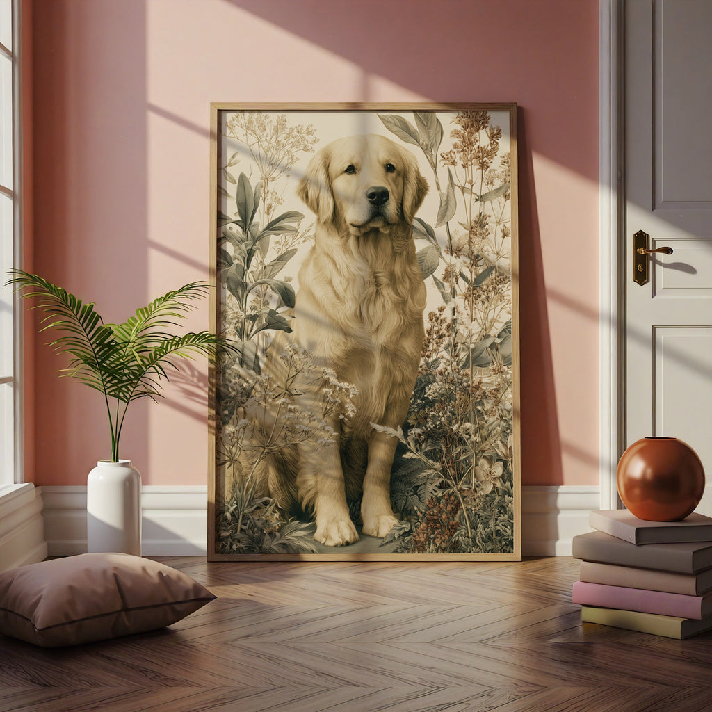 Golden Retriever Botanical Print, Dog Wall Art, Vintage Floral Illustration Poster
