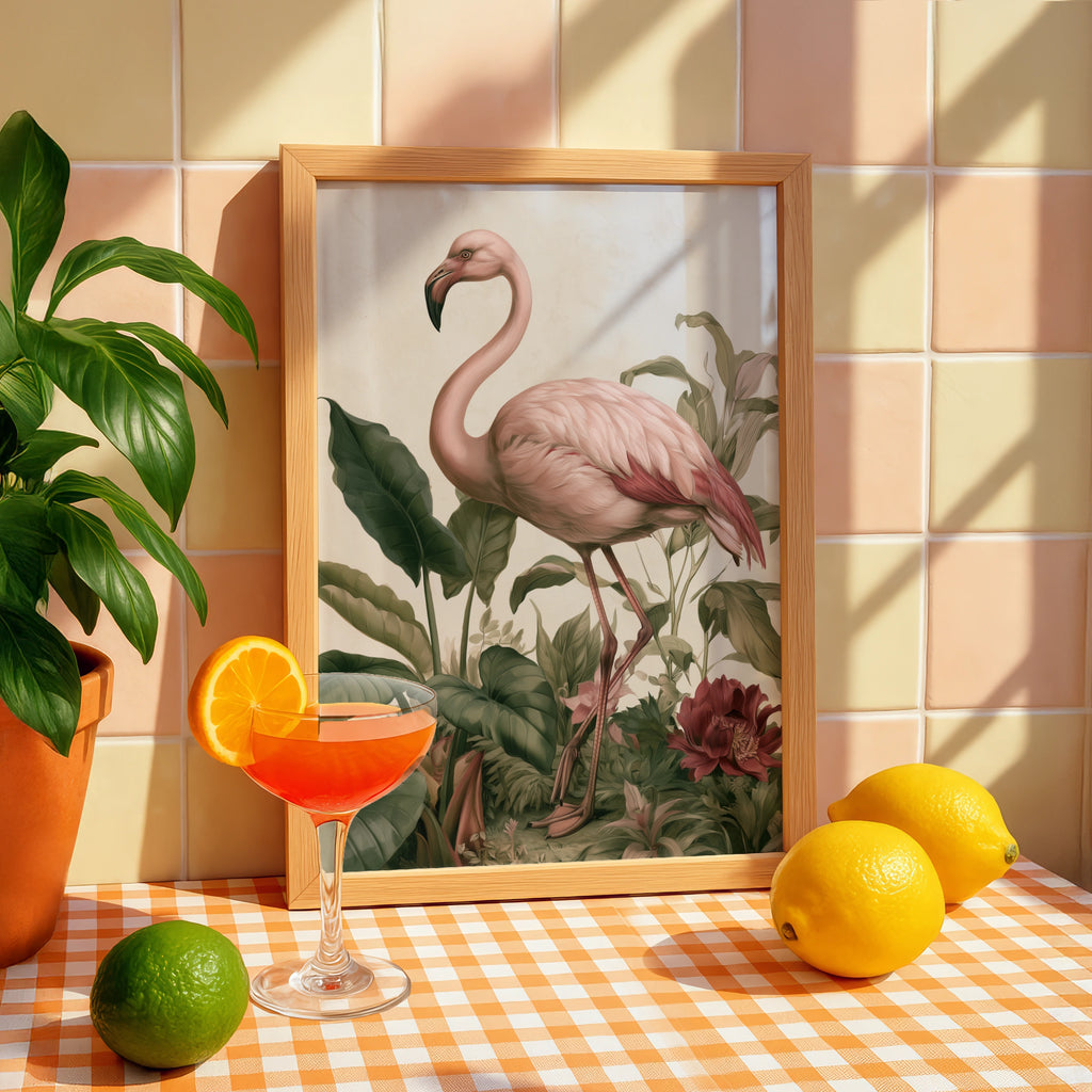 Flamingo Botanical Print, Tropical Bird Wall Art, Vintage Style Poster