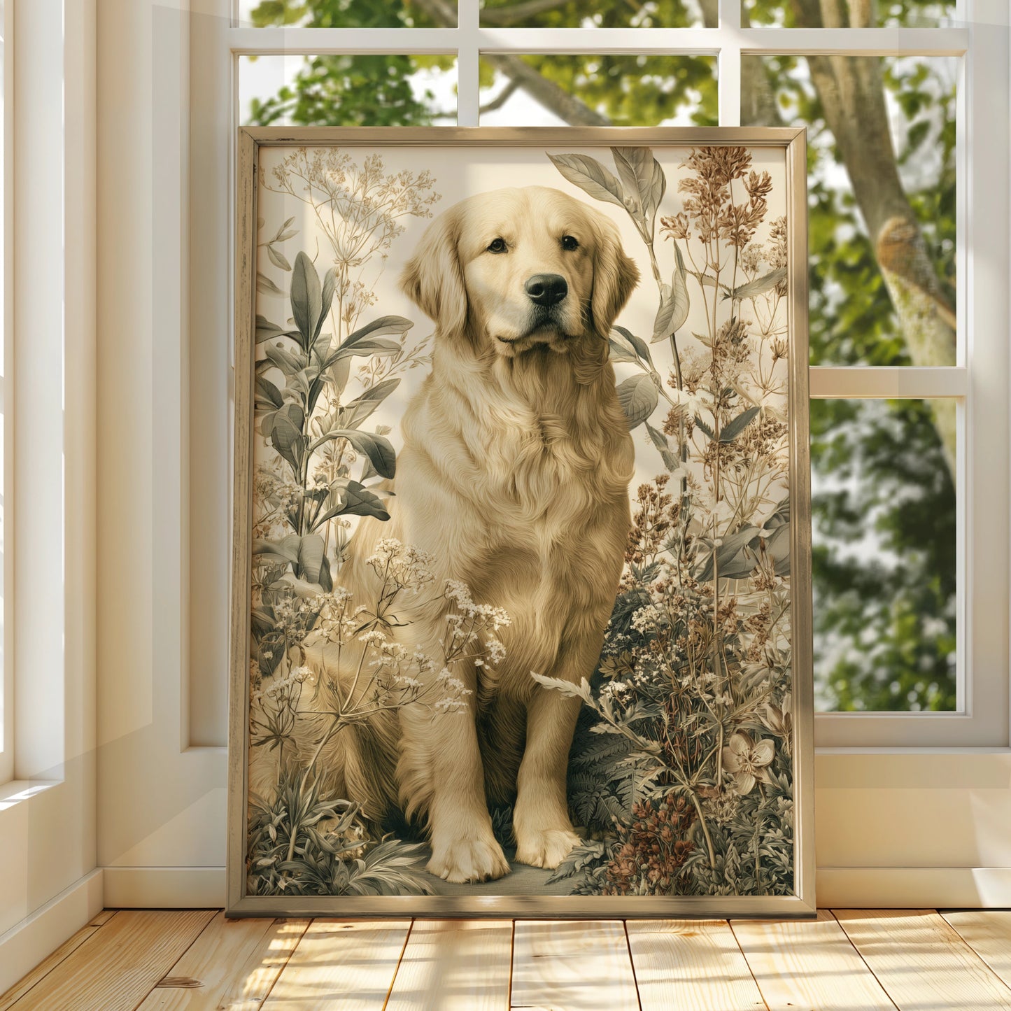 Golden Retriever Botanical Print, Dog Wall Art, Vintage Floral Illustration Poster
