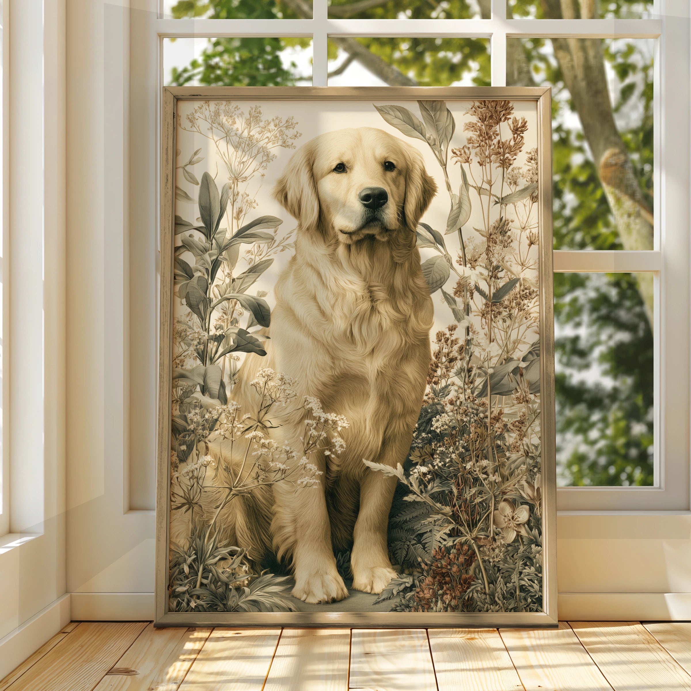 Golden Retriever Botanical Print, Dog Wall Art, Vintage Floral Illustration Poster