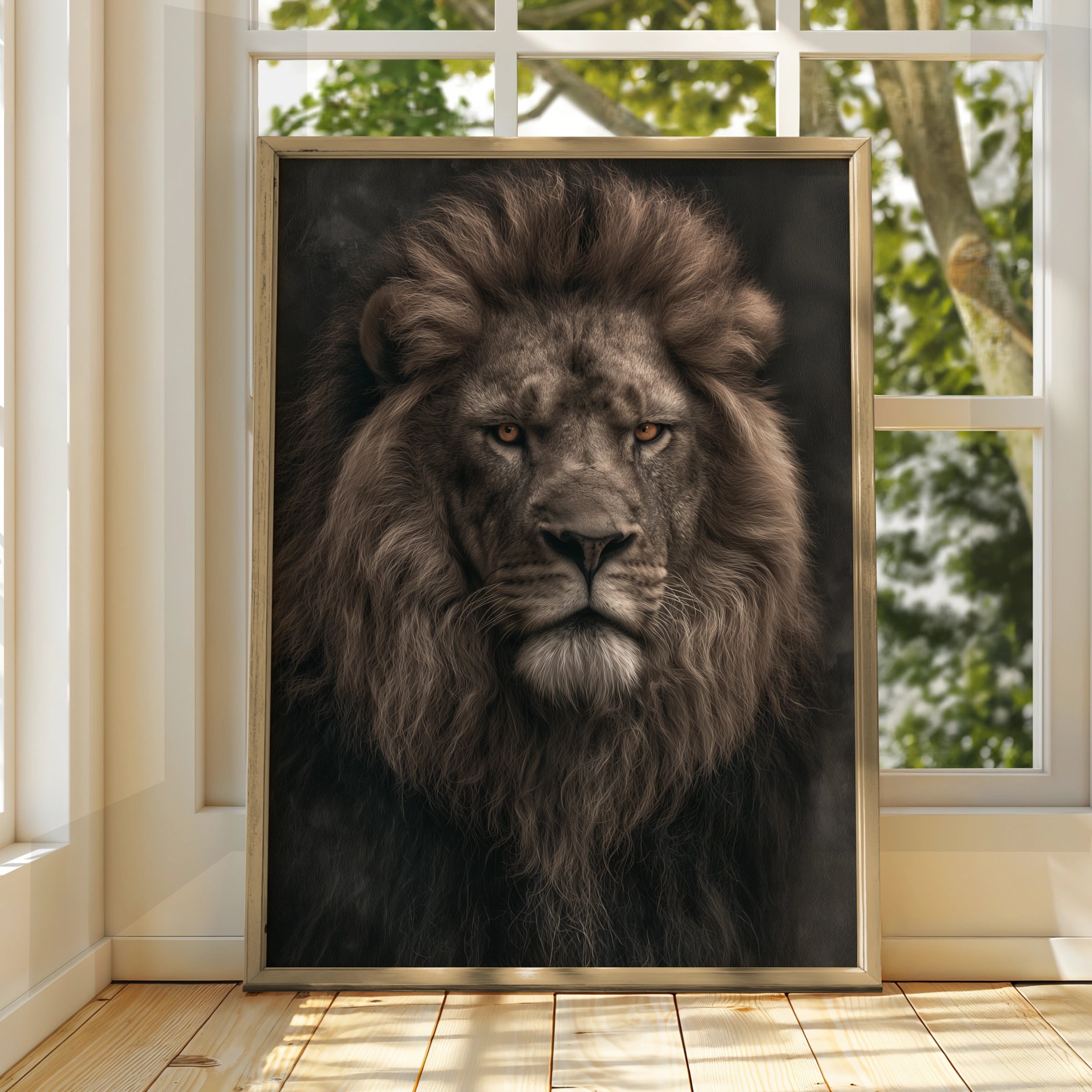 Lion Portrait Wall Art, Majestic Male Lion Poster, Dark Moody Wildlife Print
