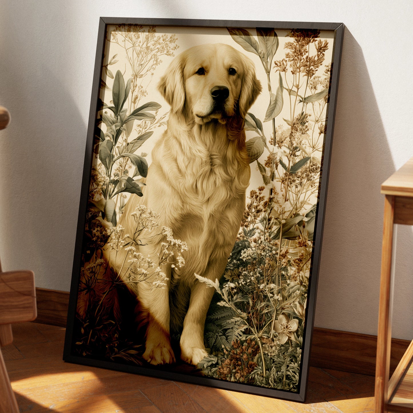 Golden Retriever Botanical Print, Dog Wall Art, Vintage Floral Illustration Poster