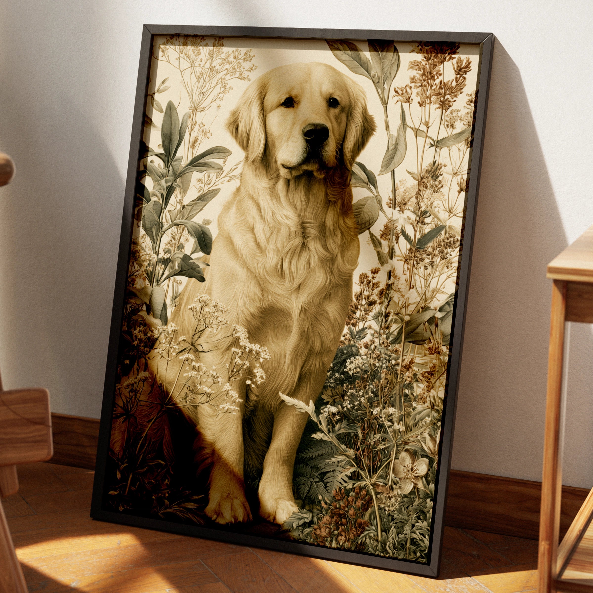 Golden Retriever Botanical Print, Dog Wall Art, Vintage Floral Illustration Poster