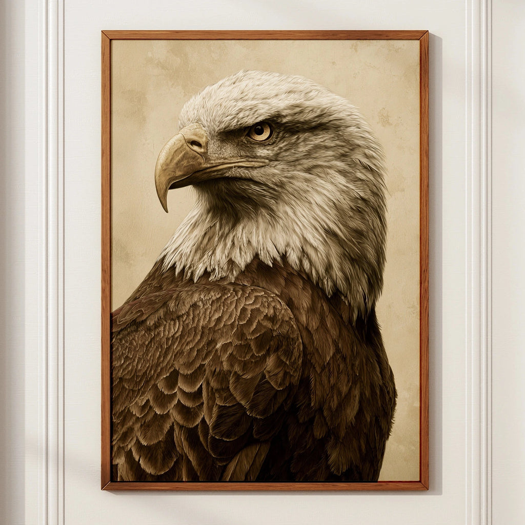 Bald Eagle Portrait Print, Vintage Sepia Wall Art, Raptor Illustration Poster