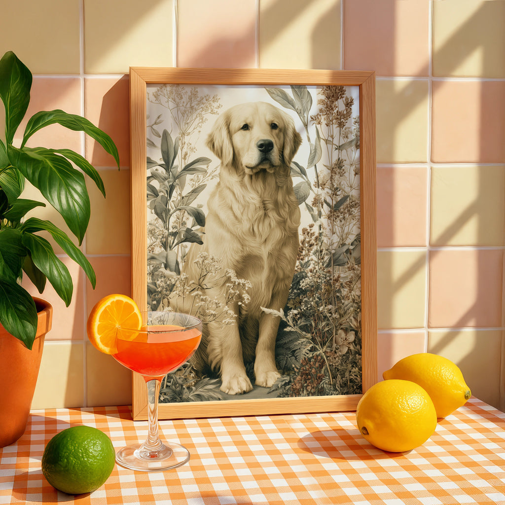 Golden Retriever Botanical Print, Dog Wall Art, Vintage Floral Illustration Poster