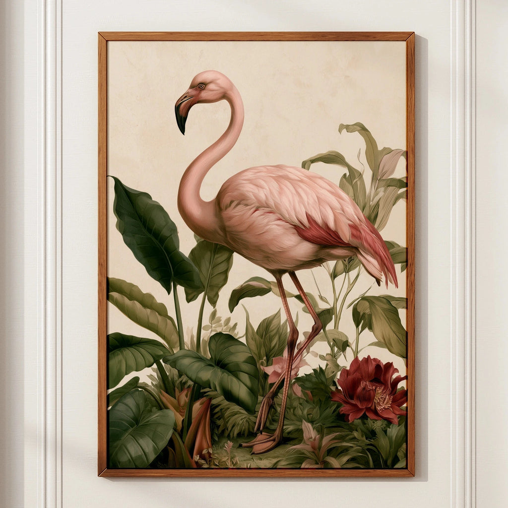 Flamingo Botanical Print, Tropical Bird Wall Art, Vintage Style Poster
