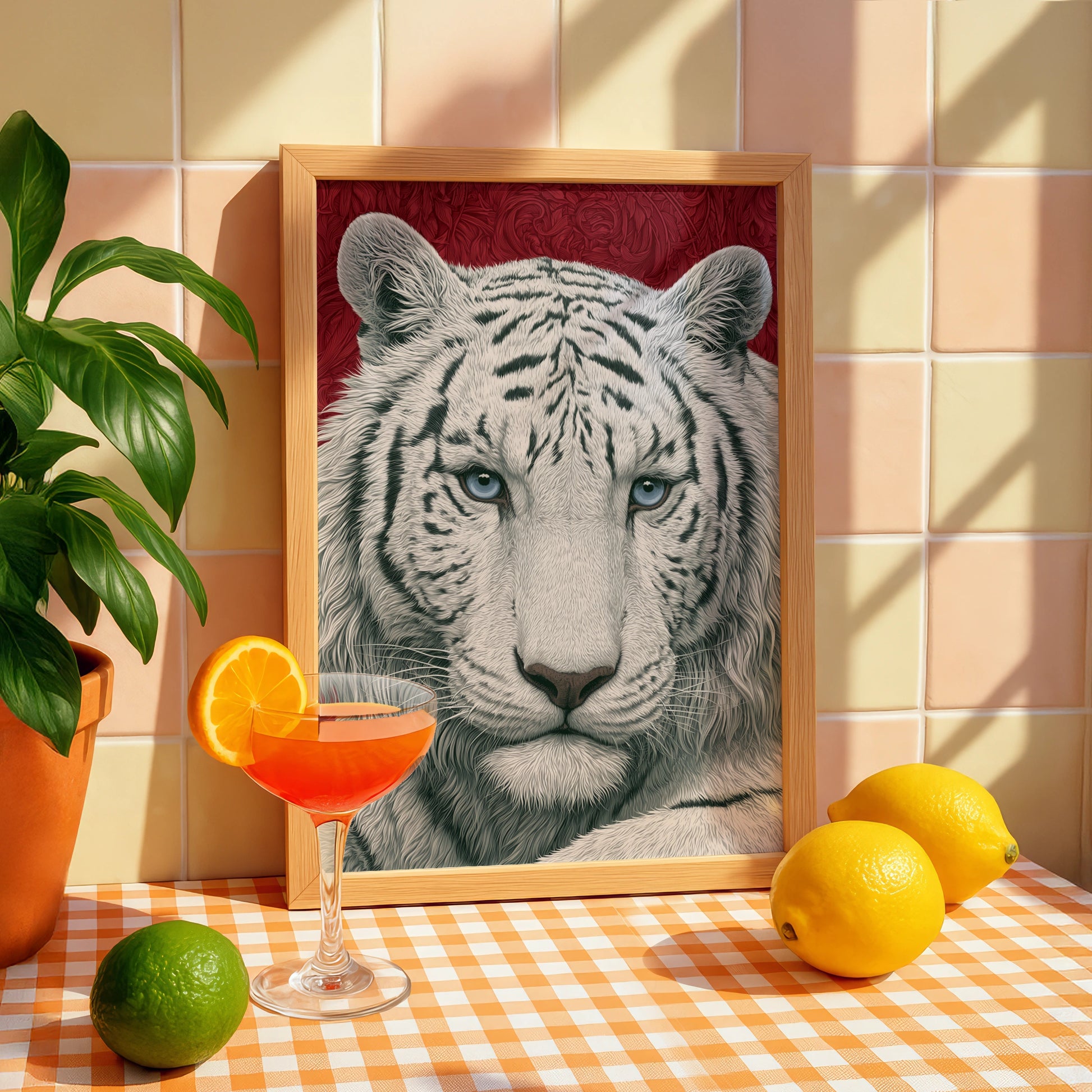 White Tiger Portrait Print, Bold Red Wall Art, Detailed Wildlife Poster