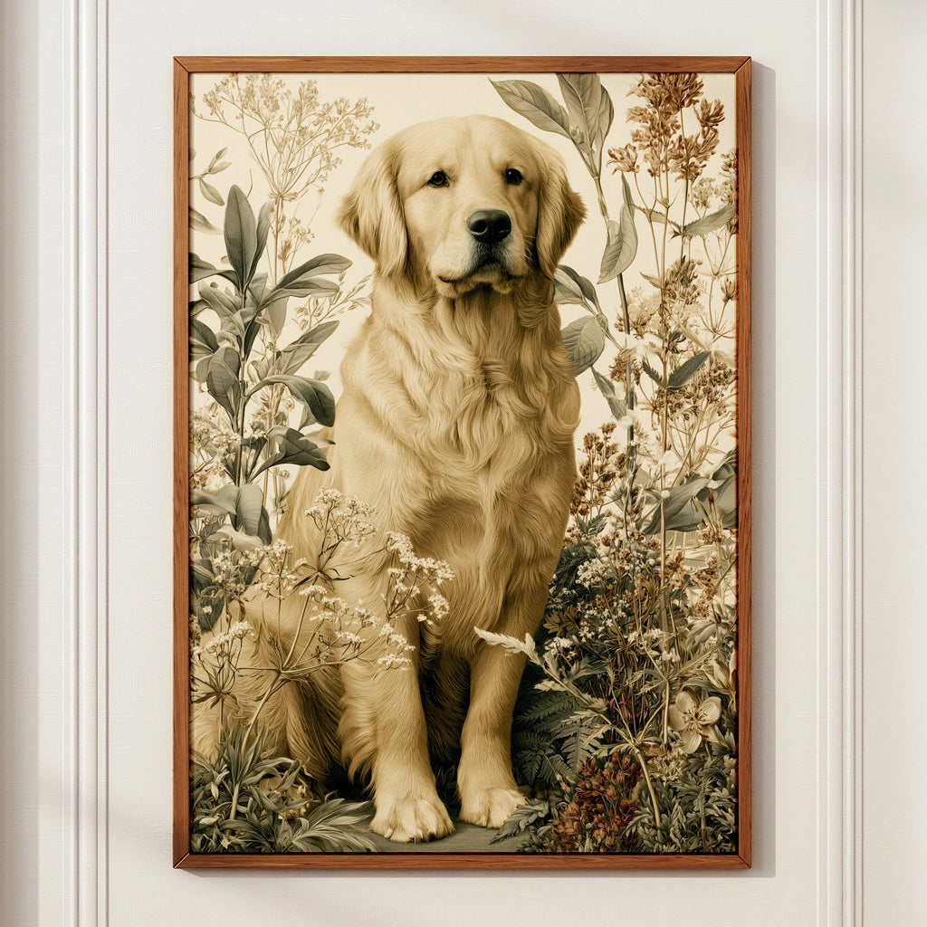 Golden Retriever Botanical Print, Dog Wall Art, Vintage Floral Illustration Poster
