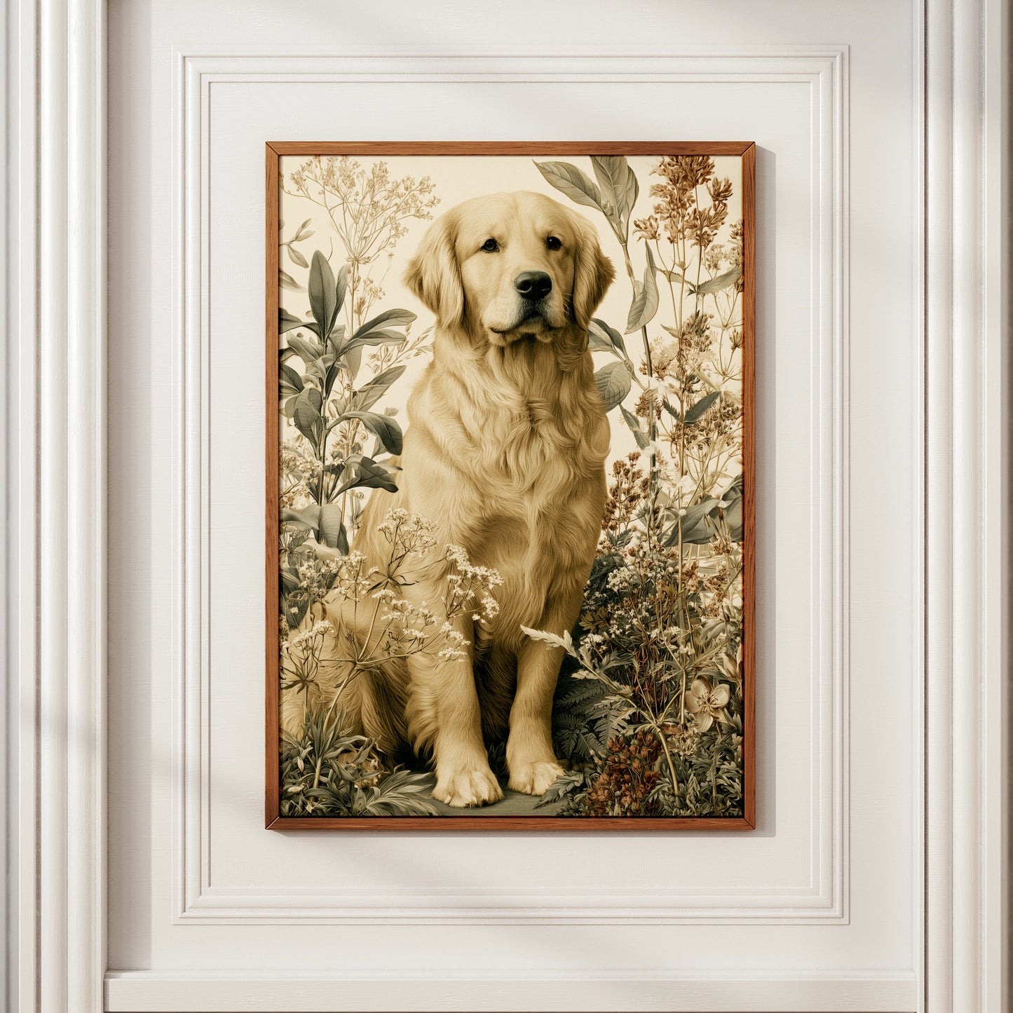 Golden Retriever Botanical Print, Dog Wall Art, Vintage Floral Illustration Poster