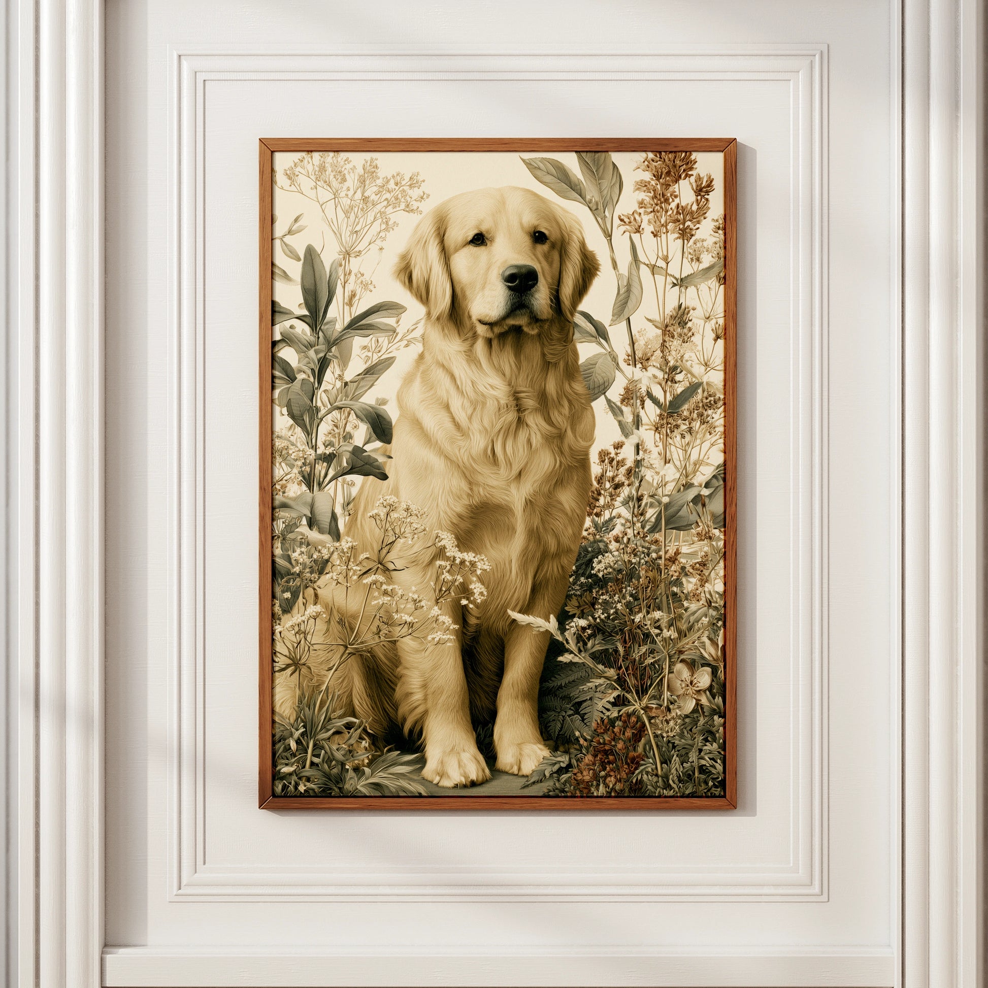 Golden Retriever Botanical Print, Dog Wall Art, Vintage Floral Illustration Poster