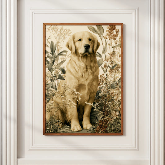 Golden Retriever Botanical Print, Dog Wall Art, Vintage Floral Illustration Poster
