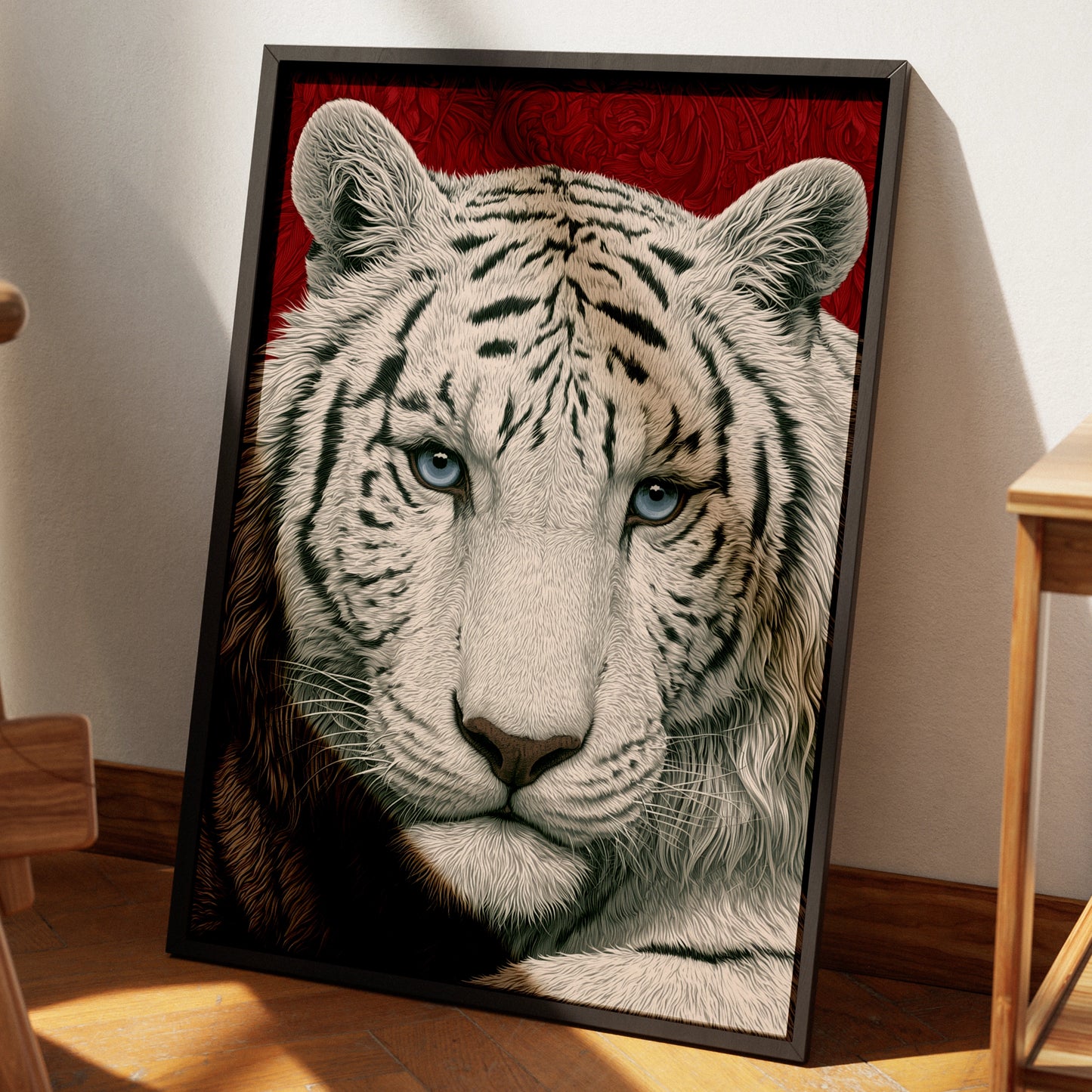 White Tiger Portrait Print, Bold Red Wall Art, Detailed Wildlife Poster