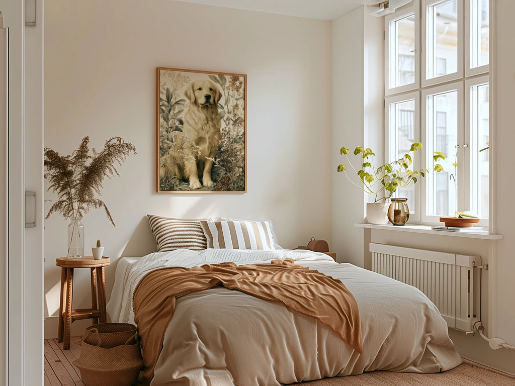 Golden Retriever Botanical Print, Dog Wall Art, Vintage Floral Illustration Poster