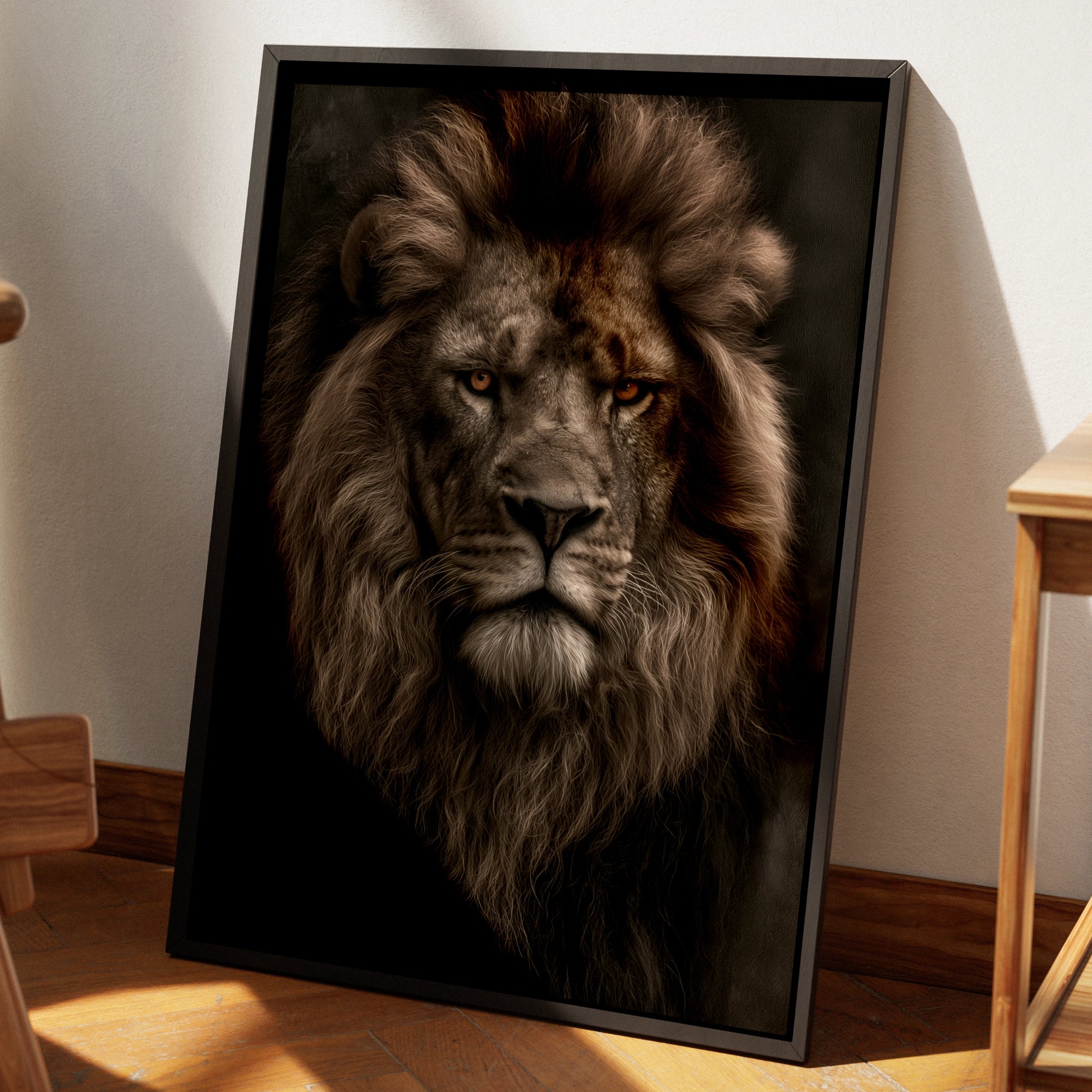 Lion Portrait Wall Art, Majestic Male Lion Poster, Dark Moody Wildlife Print