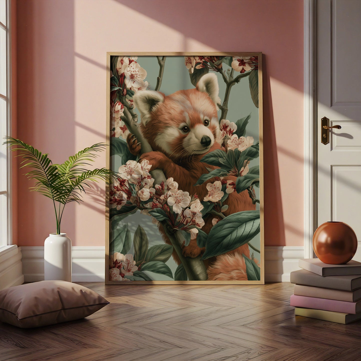 Red Panda Blossom Print, Wildlife Wall Art, Botanical Illustration Poster