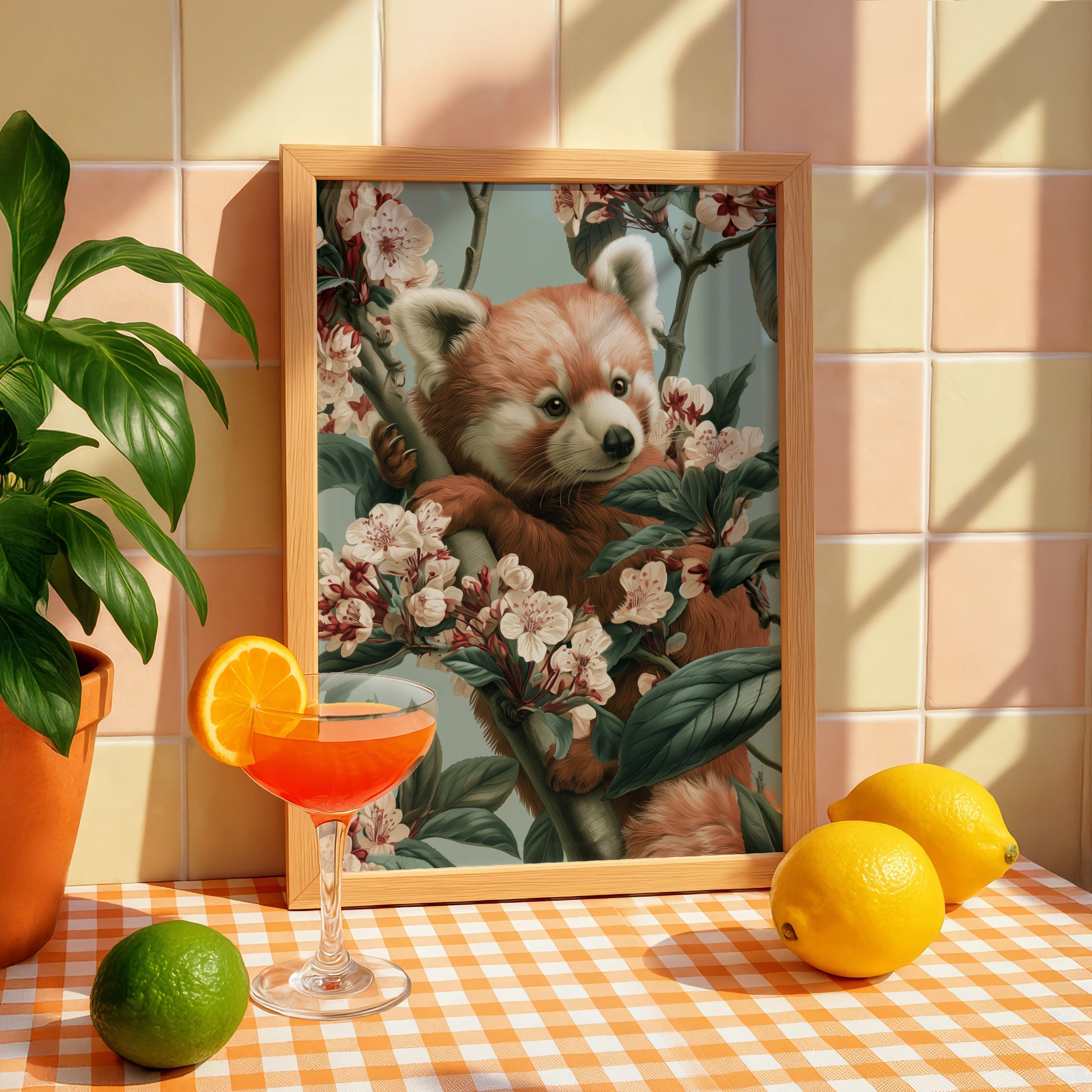 Red Panda Blossom Print, Wildlife Wall Art, Botanical Illustration Poster