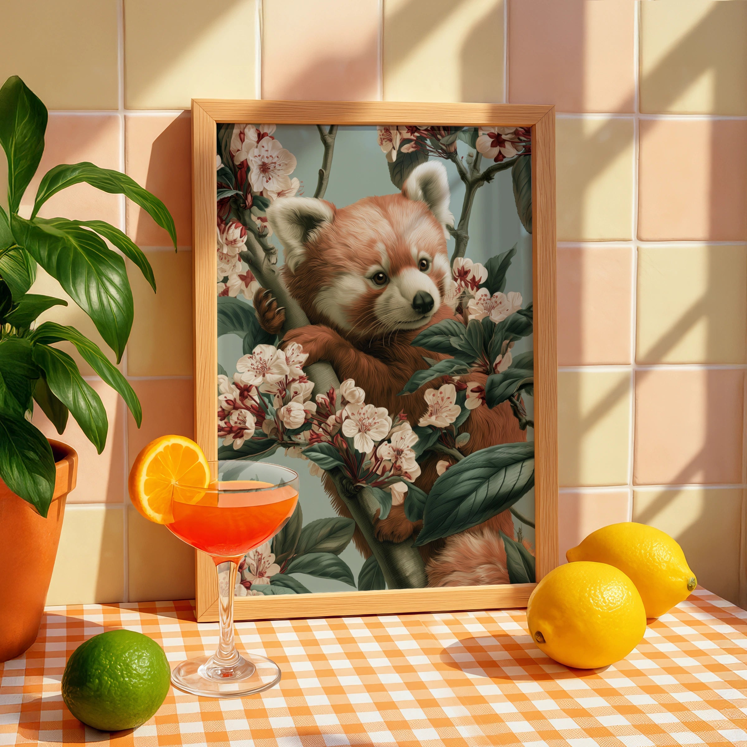 Red Panda Blossom Print, Wildlife Wall Art, Botanical Illustration Poster