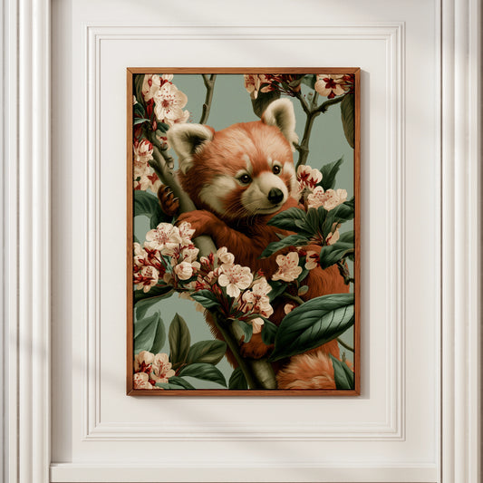 Red Panda Blossom Print, Wildlife Wall Art, Botanical Illustration Poster