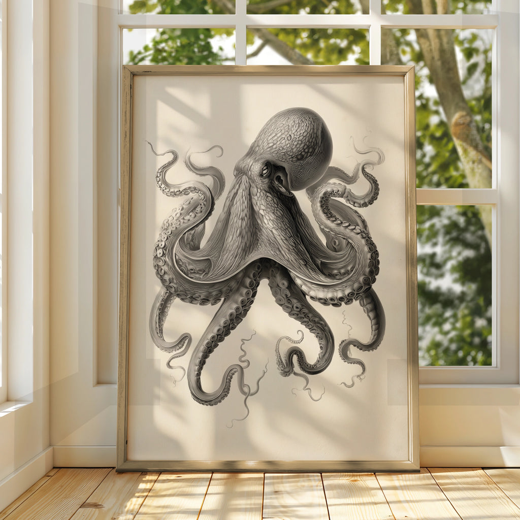 Octopus Print, Vintage Scientific Illustration, Dark Academia Wall Art