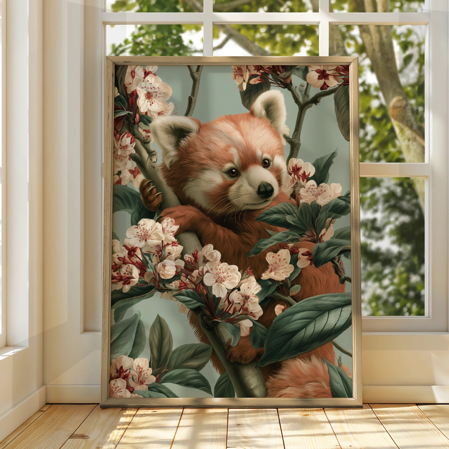 Red Panda Blossom Print, Wildlife Wall Art, Botanical Illustration Poster