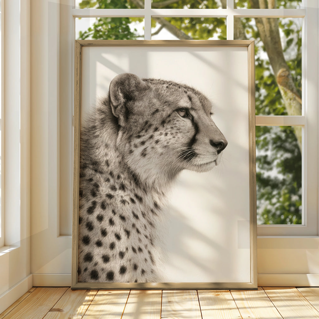 Cheetah Portrait Print, Sepia Wildlife Wall Art, Minimalist Animal Poster