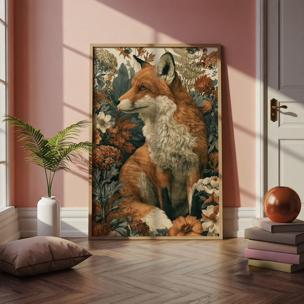 Fox Botanical Print, Floral Wildlife Poster, Russet Red Fox Wall Art