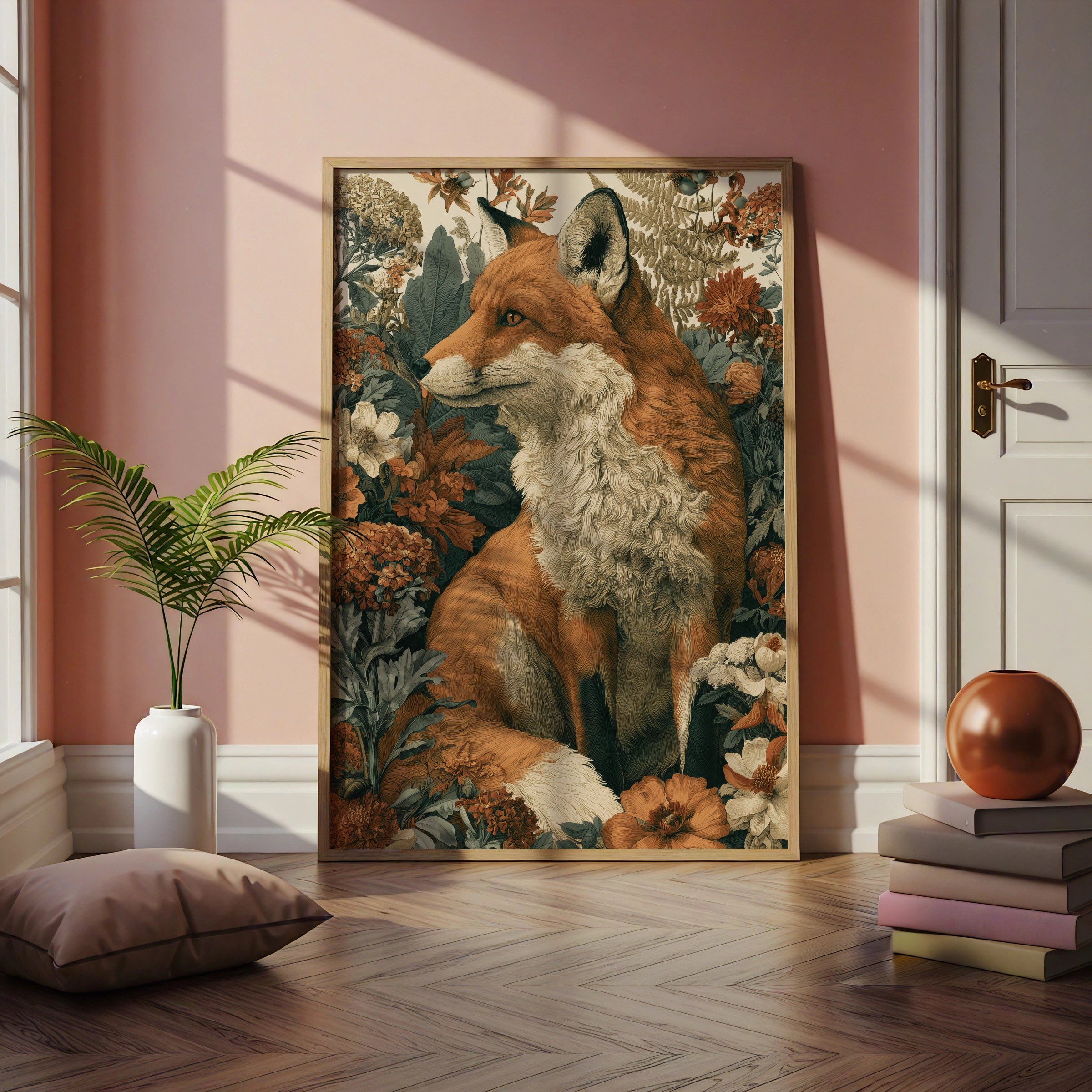 Fox Botanical Print, Floral Wildlife Poster, Russet Red Fox Wall Art