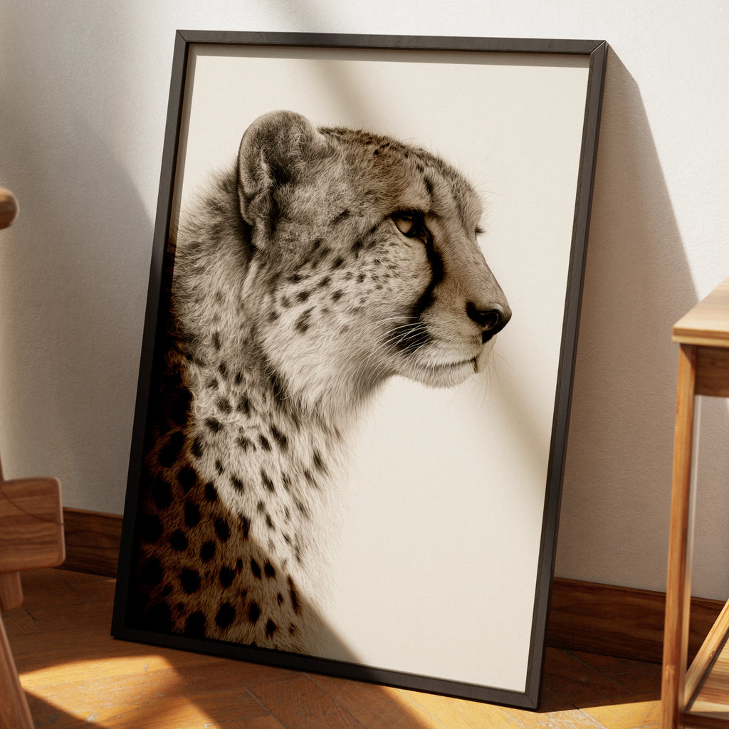 Cheetah Portrait Print, Sepia Wildlife Wall Art, Minimalist Animal Poster