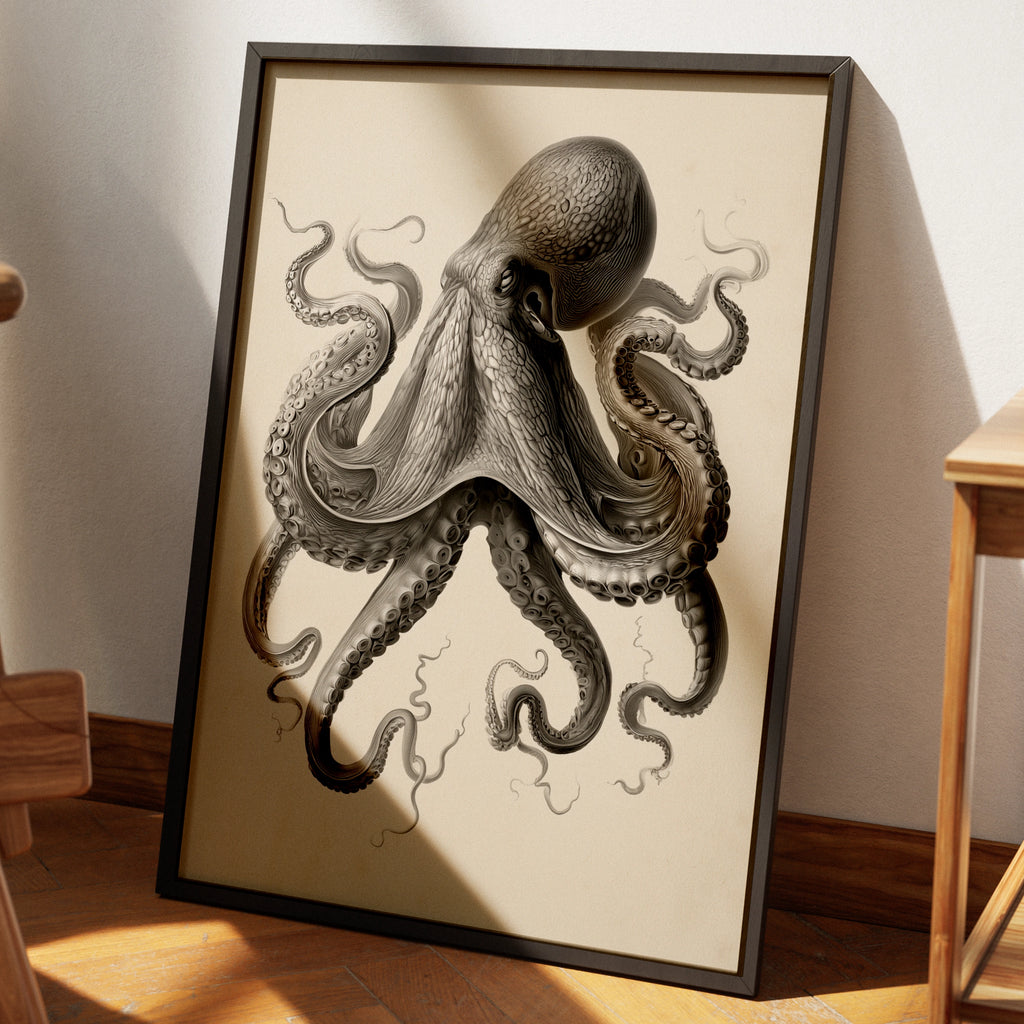 Octopus Print, Vintage Scientific Illustration, Dark Academia Wall Art