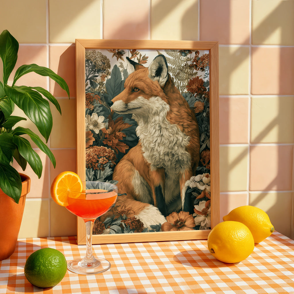 Fox Botanical Print, Floral Wildlife Poster, Russet Red Fox Wall Art