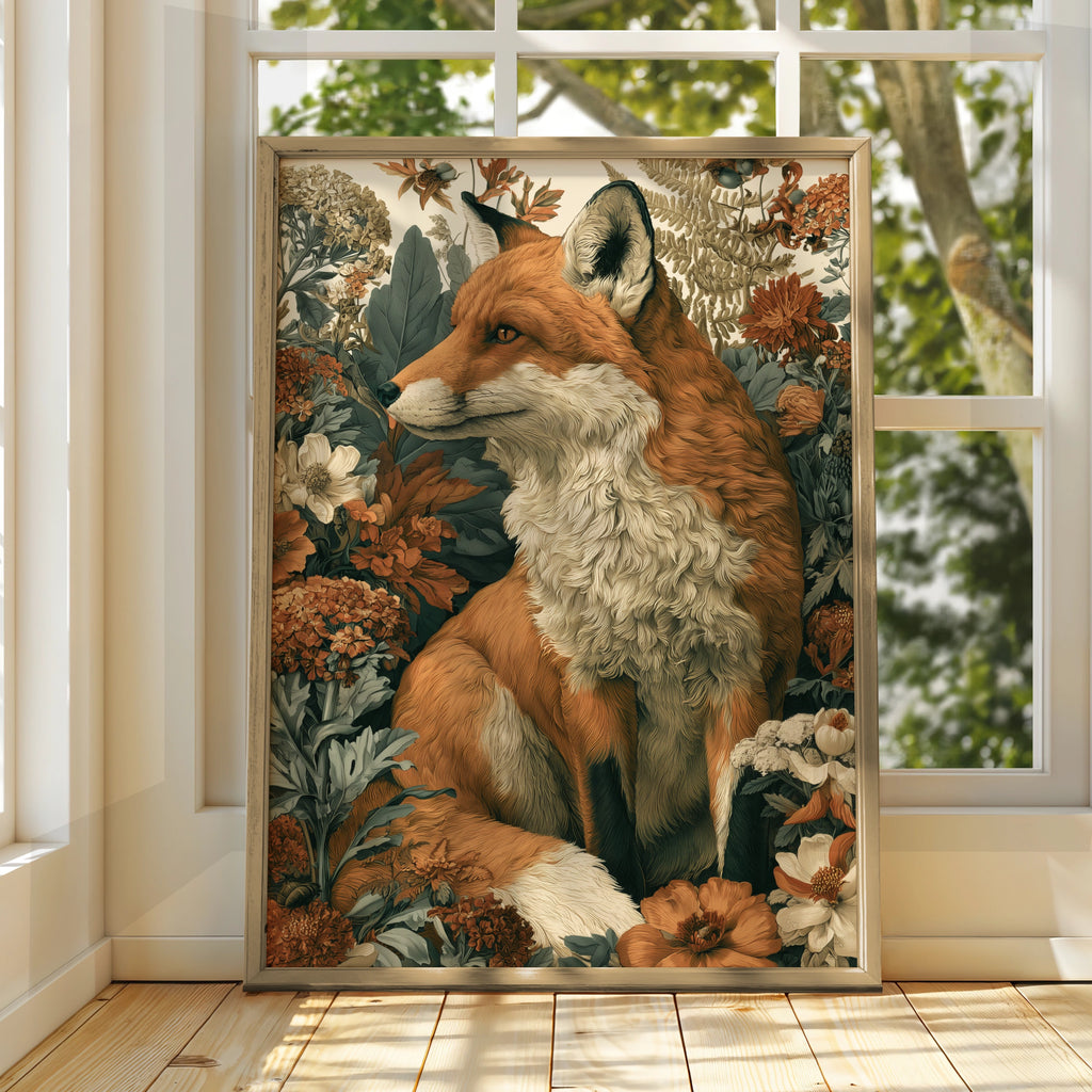 Fox Botanical Print, Floral Wildlife Poster, Russet Red Fox Wall Art