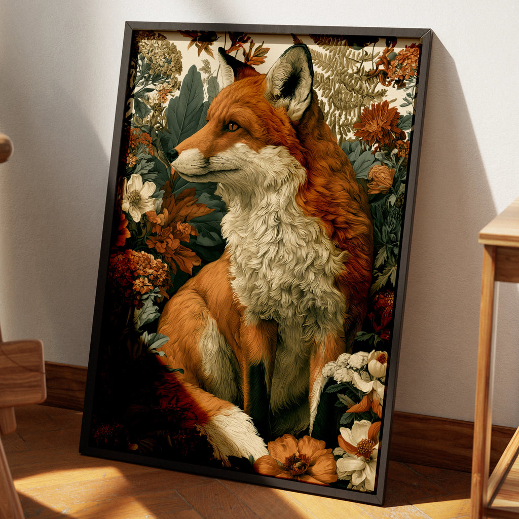 Fox Botanical Print, Floral Wildlife Poster, Russet Red Fox Wall Art