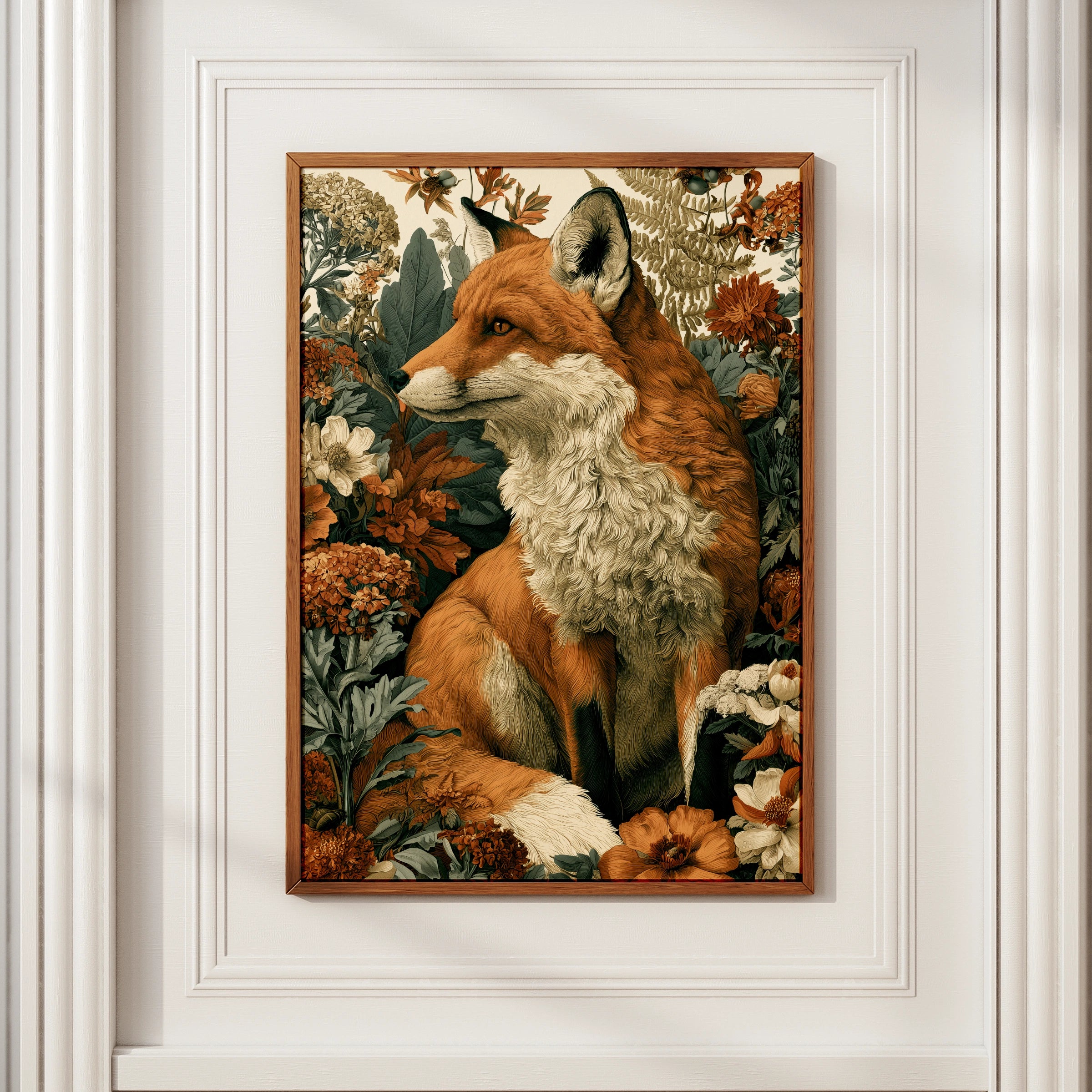 Fox Botanical Print, Floral Wildlife Poster, Russet Red Fox Wall Art