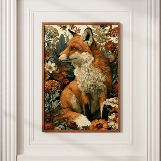 Fox Botanical Print, Floral Wildlife Poster, Russet Red Fox Wall Art
