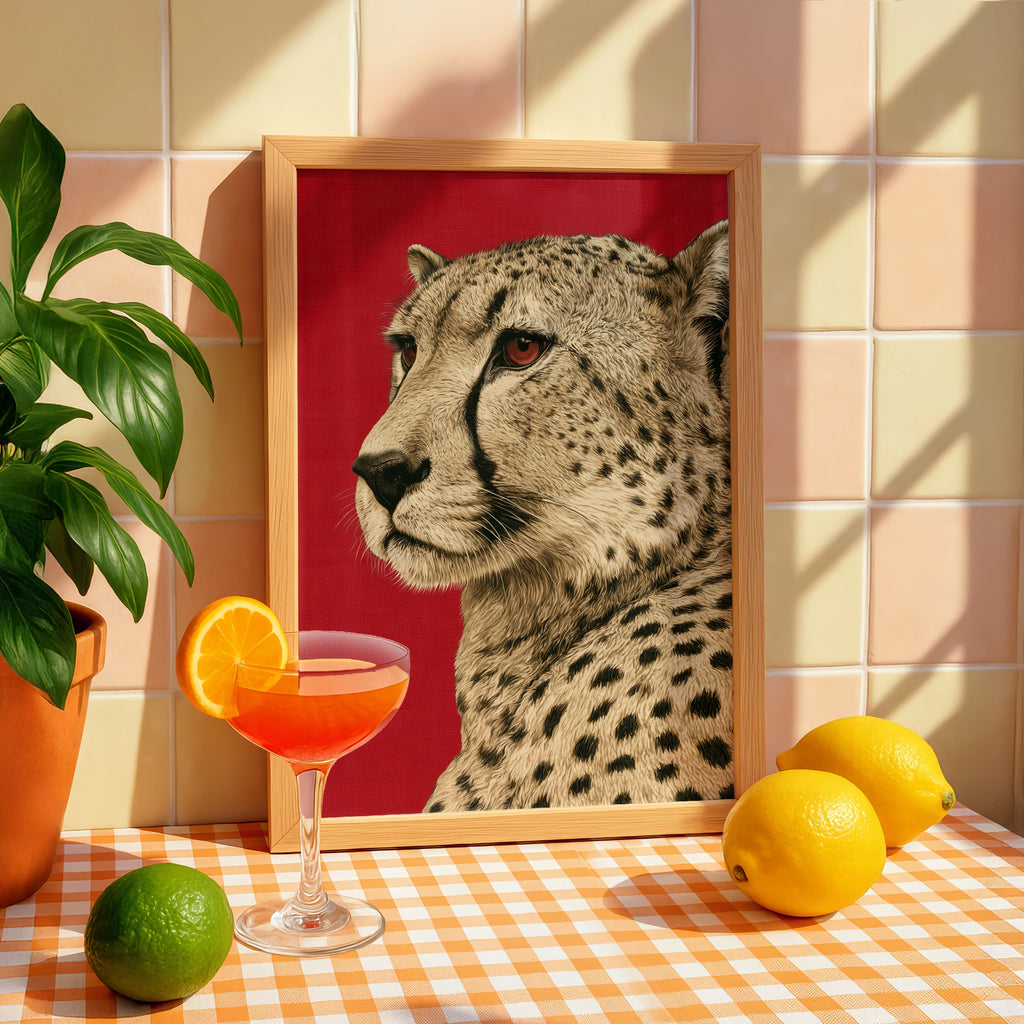 Cheetah Portrait Wall Art Print, Bold Red Background, Wildlife Poster