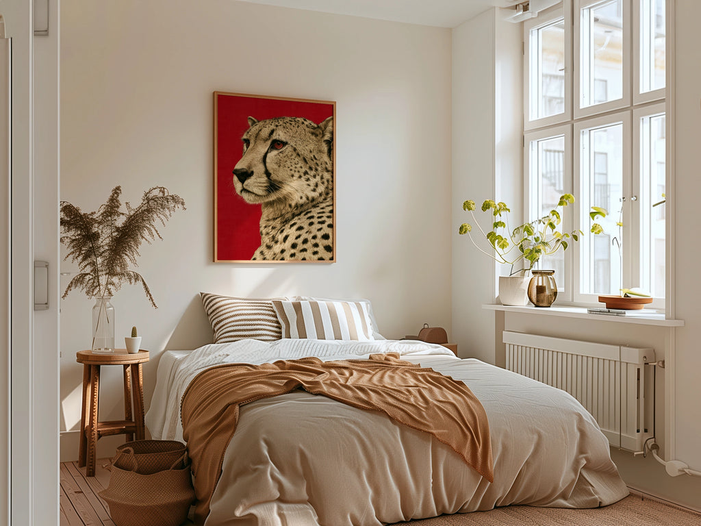 Cheetah Portrait Wall Art Print, Bold Red Background, Wildlife Poster