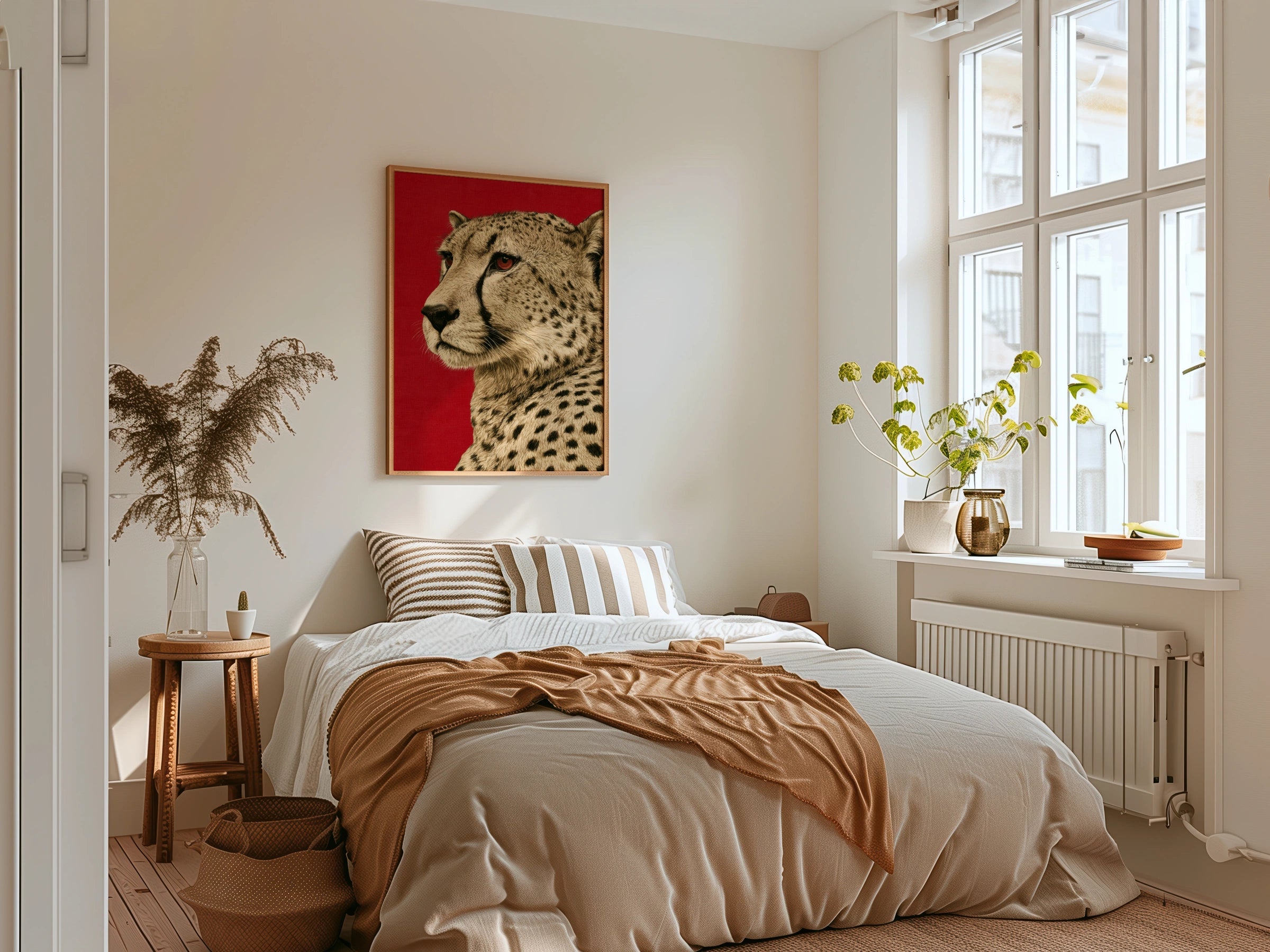 Cheetah Portrait Wall Art Print, Bold Red Background, Wildlife Poster